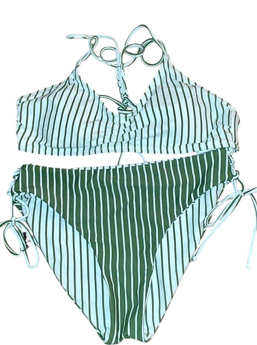 Cupshe Reversible Two Piece Striped Green/White Bikini Swimsuit Size Medium
